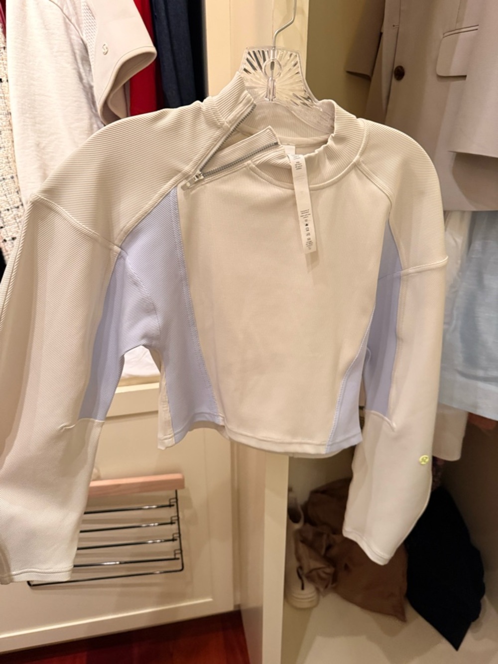 Lululemon Cropped Mock Neck Long-Sleeve Top in Off-White and Pale Blue